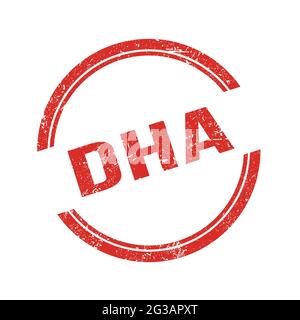 DHA text written on red grungy vintage round stamp. Stock Photo