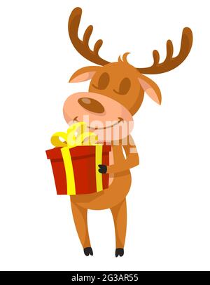 Christmas deer holding gift box. Happy character in cartoon style. Stock Vector