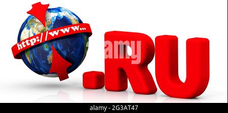 Russian domain .RU. The domain name '.RU' in red color and globe with red arrows and text 'http://www...' on white surface. 3D Illustration Stock Photo