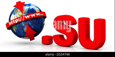 Russian domain .SU. The domain name '.SU' in red color and globe with red arrows and text 'http://www...' on white surface. 3D Illustration Stock Photo