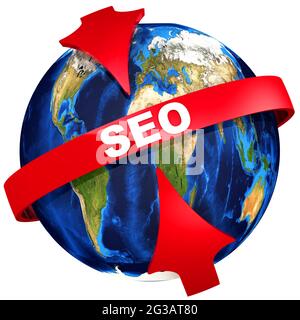 Red arrows point to the white abbreviation SEO (search engine optimization) on the red tape on the background of the Globe. Isolated. 3D Illustration Stock Photo