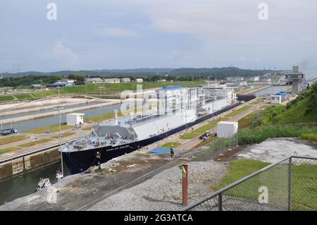 Ship transiting the panama canal Stock Photo