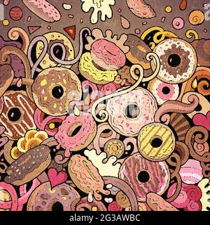 Donuts hand drawn vector doodles illustration. Sweets frame card design. Doughnut elements and objects cartoon background. Bright colors funny border. Stock Vector