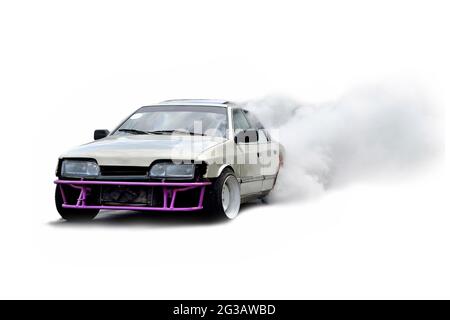 car drift, drift on an old restored car, white background, close-up, selective focus Stock Photo