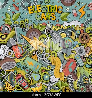 Cartoon cute doodles Electric vehicle frame card. Colorful detailed, with lots of objects background. All objects separate. Border with eco cars symbo Stock Vector