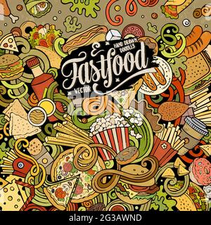 Fastfood hand drawn vector doodles illustration. Fast food frame card design. Unhealthy elements and objects cartoon background. Bright colors funny b Stock Vector