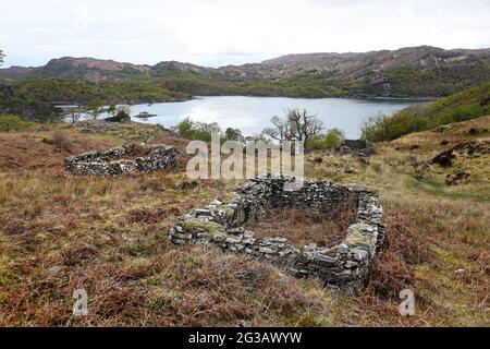 The Remains of Buildings in the Deserted and Ruined Settlement of Briaig above Loch Moidart, Ardnamurchan, Peninsular, Scotland, UK Stock Photo