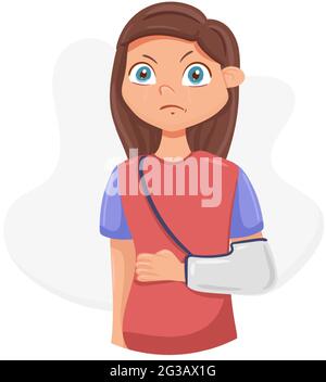 A girl with a broken arm in a bandage. Hand in a cast Stock Vector