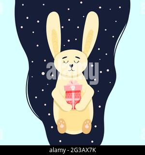 sleeping rabbit with a gift. greeting card. Cute vector illustration in flat style. Stock Vector
