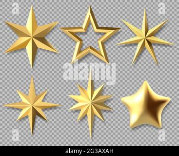 Realistic Christmas stars. Golden xmas glossy 3D stars, award decorative symbol isolated vector illustration set. Gold Christmas star icons Stock Vector