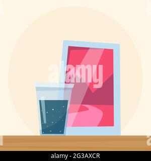 glass with water and photo frame. vector illustration in flat style Stock Vector