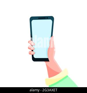 Hand and phone. man holds a smartphone in his hand. Vector illustration in flat style Stock Vector