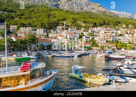 Old town Brela with harbor in Dalmatia, Croatia Stock Photo