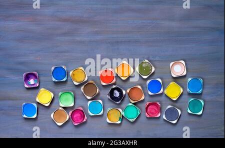 Waterclolors, flat lay,painting, creativity concept,free copy space, Stock Photo