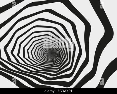 Hypnotic swirl tunnel. Spiral striped geometric funnel, hypnotic optical illusion vector background illustration. Abstract hypnotic tunnel Stock Vector