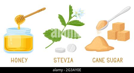 Cartoon natural sweeteners. Honey, stevia pills and plants, brown cane sugar cubes isolated vector illustration set. Natural organic sweeteners Stock Vector