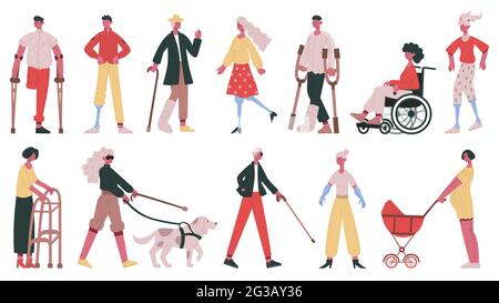 Disabled people. Handicapped, blind, deaf characters, people in wheelchair, with prosthetic arms and legs vector illustration set. Adult disabled Stock Vector