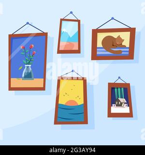 exhibition of paintings. photo frames with memories. Vector illustration in flat style Stock Vector