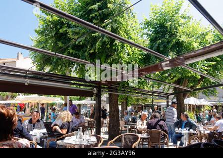 Street terraces of restaurants in Sartene, Corsica. Stock Photo