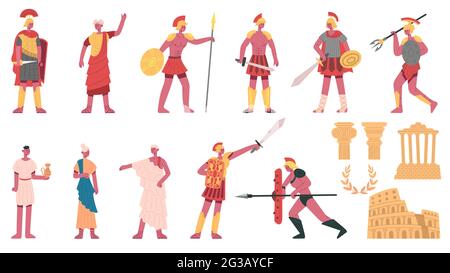 Ancient roman empire. Ancient roman characters, emperor, centurions, soldiers and plebs cartoon vector illustration set. Rome empire symbols Stock Vector