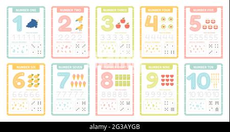 Numbers learning cards. Kindergarten flashcards with numbers, learning and spelling numbers from 1 to 10 vector illustration set. Kids counting Stock Vector