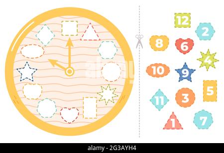 Children clock puzzle game. Educational time puzzle game for kids, clock learning paper game vector illustration. Clock kindergarten educational Stock Vector