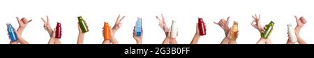 Creative collage for healthy drinks concept or design for web-banner. Diverse hands showing colorful drinks detox juice and gesturing over white backg Stock Photo