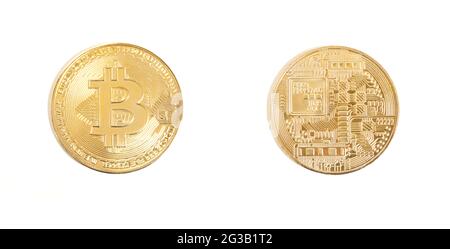 Golden bitcoin isolated on white background, popular cryptocurrency bitcoin coin, both side. Stock Photo
