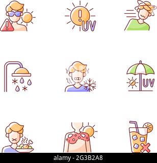 Heatstroke risk during summer RGB color icons set Stock Vector