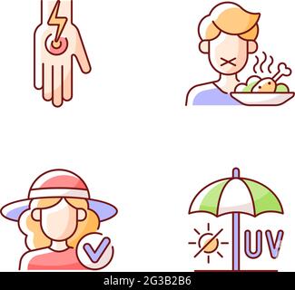 Sunstroke and sunburn RGB color icons set Stock Vector