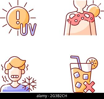 Sunburn risk RGB color icons set Stock Vector