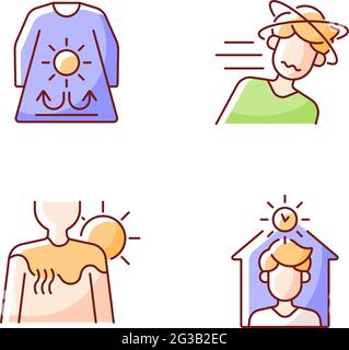 Sunstroke risk during summer RGB color icons set Stock Vector