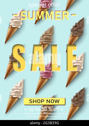 summer sale banner template. Red background with ice cream pattern. Stock Vector