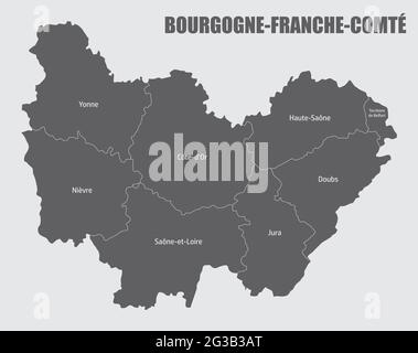 Bourgogne-Franche-Comte administrative map divided in departments with labels, France Stock Vector