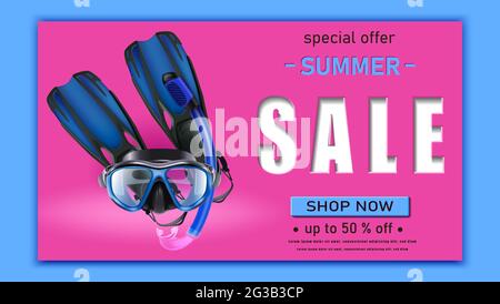 Vector summer sale banner template. Horizontal orientation. With diving mask. Stock Vector