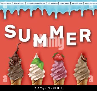 Vector summer sale banner template. Red background with ice cream. Stock Vector