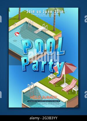 Vector summer party banner template. Pool party with isometric pools. Stock Vector