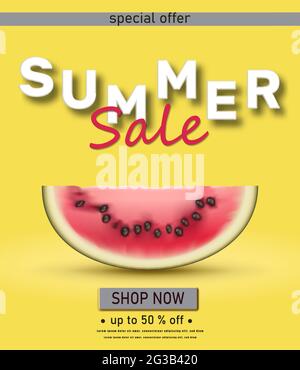 Vector summer sale yellow background with big piece of watermelon. Stock Vector