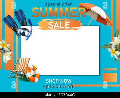 Vector summer sale banner template with summer elements and copy space on blue background. Stock Vector