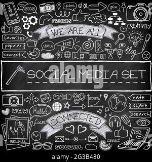 Doodle social media icons set with chalkboard effect Stock Vector