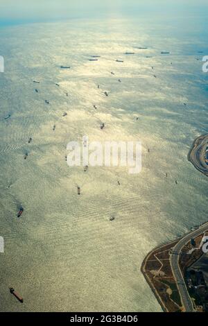Aerial of Cargo Ships in the Bosporus strait Stock Photo