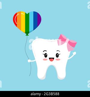 Tooth with heart shape balloon rainbow pride colors dental icon isolated on background. Stock Vector