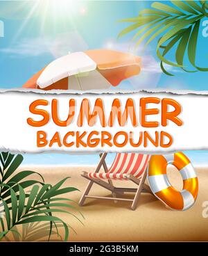 Vector summer sale horizontal banner template with summer beach elements, sun bed, umbrella and flats. Stock Vector