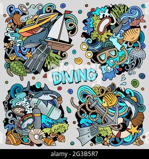 Diving cartoon vector doodle designs set. Colorful detailed compositions with lot of dive objects and symbols. All items are separate Stock Vector