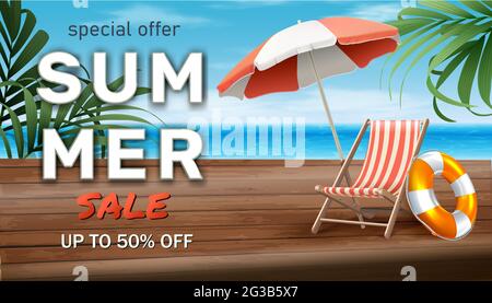 Vector summer sale background with sun bed and umbrella on the seaside beach background. Stock Vector