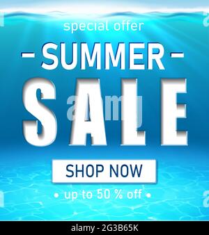 Summer background with big white typography letters, 3d realistic vector ocean, under water background with sunlight and rays. Stock Vector