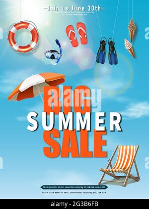 Vector summer sale big background with hanging elements on blue sky background. Stock Vector