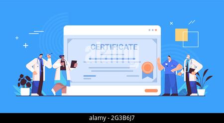 graduated doctors holding certificate graduates celebrating academic diploma degree university medical education Stock Vector