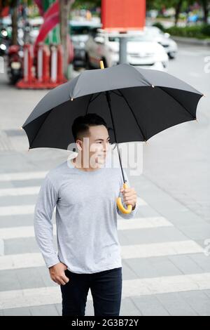 Positive young Vietnamese man in gray sweater walking with black umbrella on pedestrian crossing in city Stock Photo