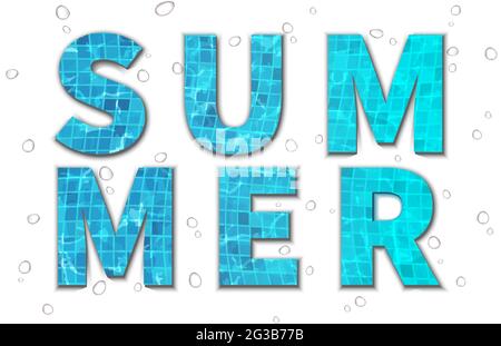 Big typography summer letters with swimming pool textures and water drops. Stock Vector